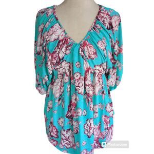 Small Lovely J turquoise maroon floral women's blouse #15